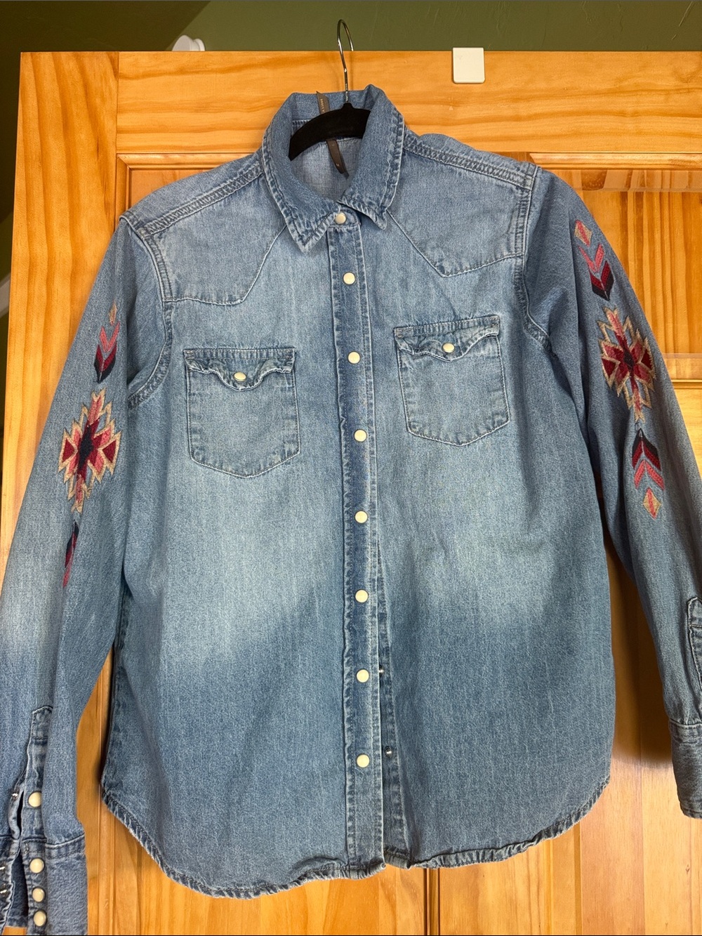 Denim Western Shirt with Southwestern Embroidered Sleeves - Light Blue